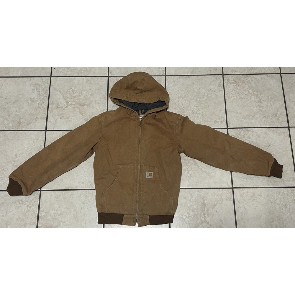 Carhartt Jacket Youth Boys M 10-12 Brown Quilt Lined Duck Canvas Hooded Y2K Used